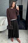 Siyah Trend Pileli Kırışık Crash Ve Şık Stili Yazlık Moda Uzun Etek
