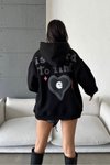 True Love Siyah Şapkalı Üç İplik Şardonlu Oversize Kalıp Desenli Sweatshirt
