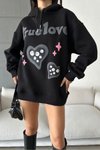 True Love Siyah Şapkalı Üç İplik Şardonlu Oversize Kalıp Desenli Sweatshirt