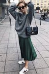 Yeşil Pileli Şık Stil Moda Midi Etek