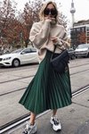 Yeşil Pileli Şık Stil Moda Midi Etek