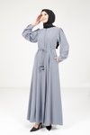 Gri Bağlama Detaylı Fermuarlı Ferace