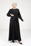 Siyah Bağlama Detaylı Fermuarlı Ferace