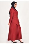Bordo Double Kumaş Eteği Pilise Detaylı Kruvaze Yaka Elbise