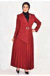Bordo Double Kumaş Eteği Pilise Detaylı Kruvaze Yaka Elbise