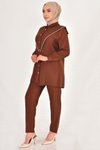 Kahverengi Lina Keten Kumaş Taş Detaylı 2li Takım