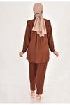 Kahverengi Lina Keten Kumaş Taş Detaylı 2li Takım