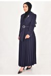 Lacivert Double Kumaş Eteği Pilise Detaylı Kruvaze Yaka Elbise