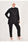 Siyah Lina Keten Kumaş Taş Detaylı 2li Takım