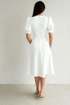 Beyaz Balon Kol Önü Düğme Detay Krep Kumaş Midi Boy Elbise