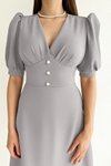 Gri Balon Kol Önü Düğme Detay Krep Kumaş Midi Boy Elbise