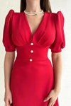 Kırmızı Balon Kol Önü Düğme Detay Krep Kumaş Midi Boy Elbise
