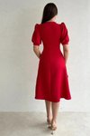 Kırmızı Balon Kol Önü Düğme Detay Krep Kumaş Midi Boy Elbise