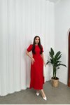 Kırmızı İthal Krep Kumaş Karpuz Kol Sırt Fermuarlı Uzun Elbise
