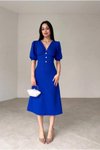 Saks Mavisi Balon Kol Önü Düğme Detay Krep Kumaş Midi Boy Elbise