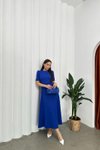 Saks Mavisi İthal Krep Kumaş Karpuz Kol Sırt Fermuarlı Uzun Elbise