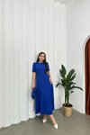 Saks Mavisi İthal Krep Kumaş Karpuz Kol Sırt Fermuarlı Uzun Elbise