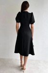 Siyah Balon Kol Önü Düğme Detay Krep Kumaş Midi Boy Elbise