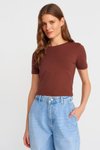 Kahve Bisiklet Yaka Kısa Kollu Crop