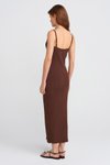 Kahve İp Askılı Yırtmaçlı Uzun Elbise