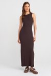 Koyu Kahve Sıfır Yaka Uzun Elbise