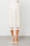 Ekru Ucu İnci Süslü Midi Etek