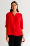 Kırmızı Önü Düğmeli Truvakar Kol Bluz