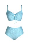 Açık Mavi Balenli Destekli Büyük Beden Yüksek Bel Bikini Takım