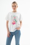 Beyaz Çiçek Baskılı Kısa Kollu T-shirt