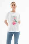 Beyaz Çiçek Baskılı Kısa Kollu T-shirt