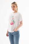 Beyaz Çiçek Baskılı Kısa Kollu T-shirt