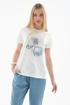 Ekru Sıfır Yaka Baskılı T-shirt