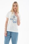 Ekru Sıfır Yaka Baskılı T-shirt