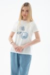 Ekru Sıfır Yaka Baskılı T-shirt