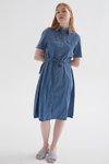 Mavi Gömlek Yaka Kemerli Midi Elbise