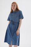 Mavi Gömlek Yaka Kemerli Midi Elbise