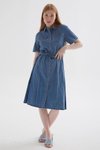 Mavi Gömlek Yaka Kemerli Midi Elbise