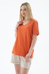 Turuncu V Yaka Kısa Kollu T-shirt