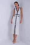 Beyaz Lacivert Şerit Detaylı Midi Elbise