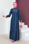 Koyu Lacivert Garni Detaylı Kot Elbise
