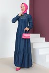 Koyu Lacivert Garni Detaylı Kot Elbise