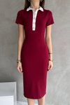 Bordo Düğme Detaylı Polo Yaka Midi Elbise