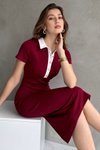 Bordo Düğme Detaylı Polo Yaka Midi Elbise