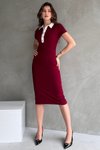 Bordo Düğme Detaylı Polo Yaka Midi Elbise