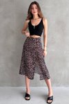 Renkli Leopar Desen Mus Crep Yırtmaç Detaylı Yüksek Bel Midi Etek