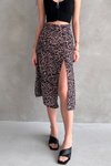 Renkli Leopar Desen Mus Crep Yırtmaç Detaylı Yüksek Bel Midi Etek