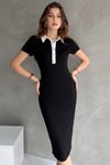 Siyah Düğme Detaylı Polo Yaka Midi Elbise