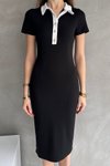 Siyah Düğme Detaylı Polo Yaka Midi Elbise