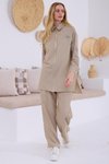 Bej Taşlı Fermuarlı Keten Takım