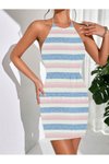 Renkli Çizgili Desenli Yazlık Triko Sırtı Açık Pareo Elbise